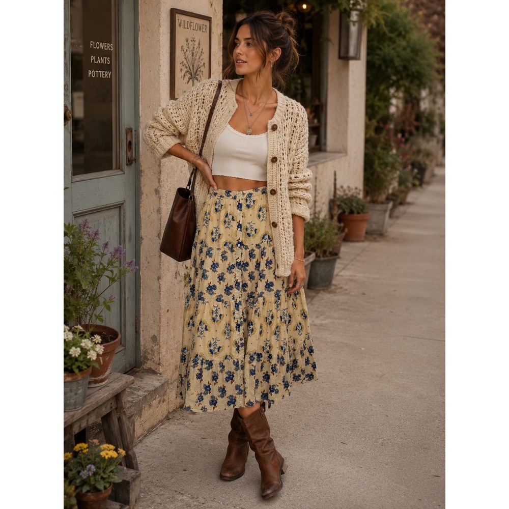 Bila 77 Womens Floral Tiered Button Front Midi Skirt Yellow Blue  XS
